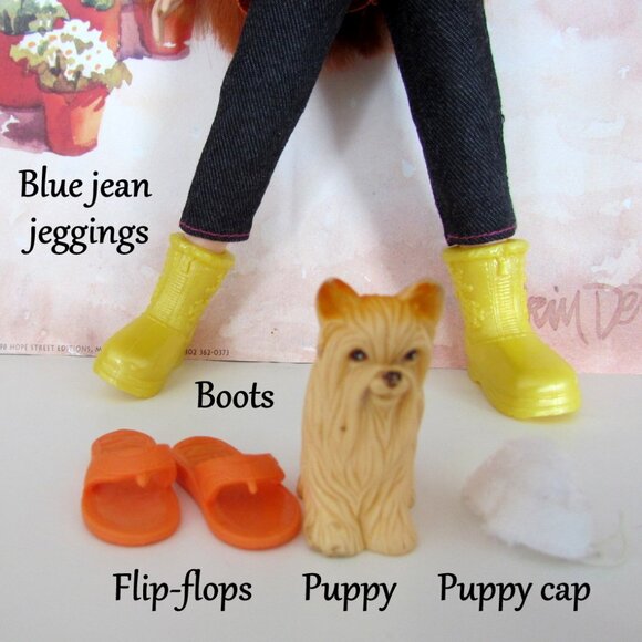 WEE 3 FRIENDS DOLL, REDHEAD LILA w DOG, DRESS, BOOTS, HAT, FLIP-FLOPS, LEGGINGS - Picture 3 of 7